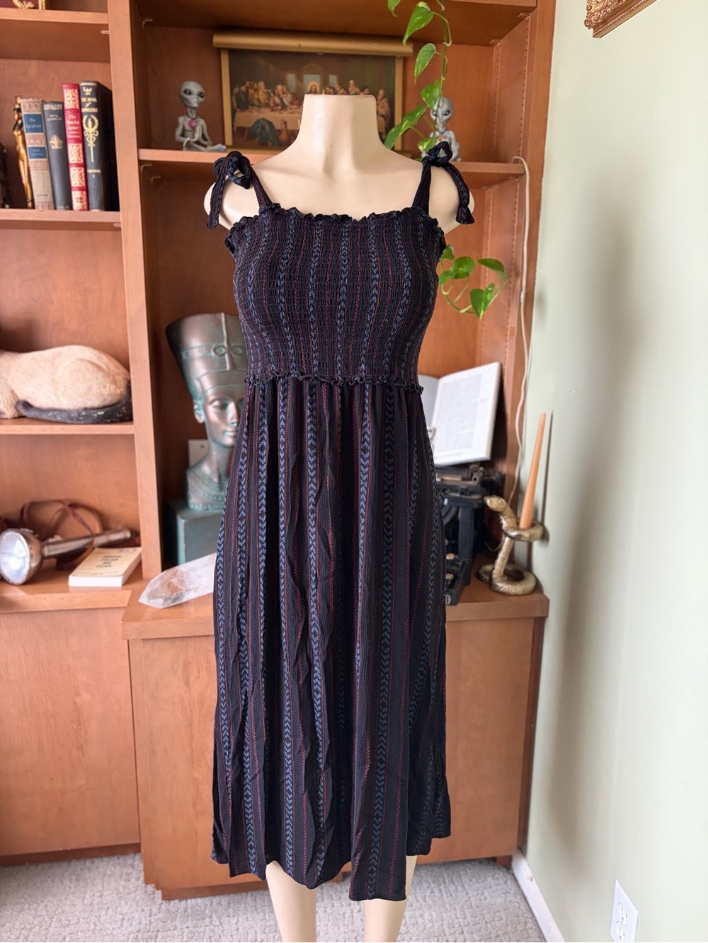 Black Aztec Native Print Smocked Tie-Shoulder Boho Midi Dress Size L Country Gal